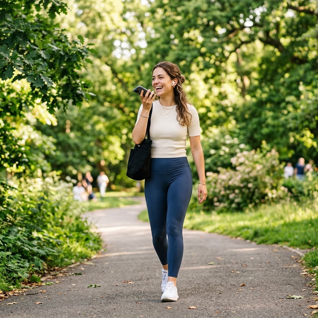 A person speaking into their phone while walking through a park
