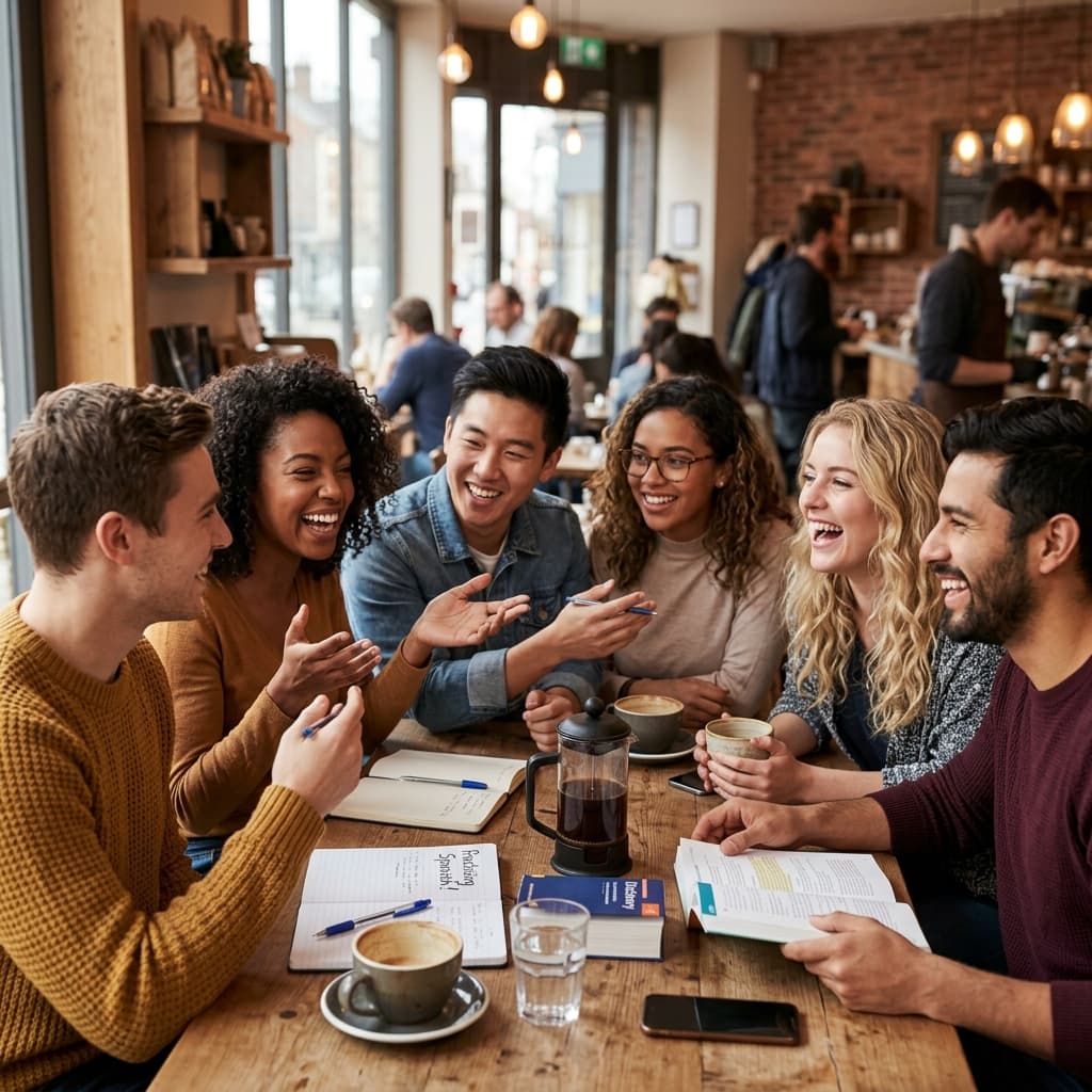 A group of people practicing a foreign language together in a café